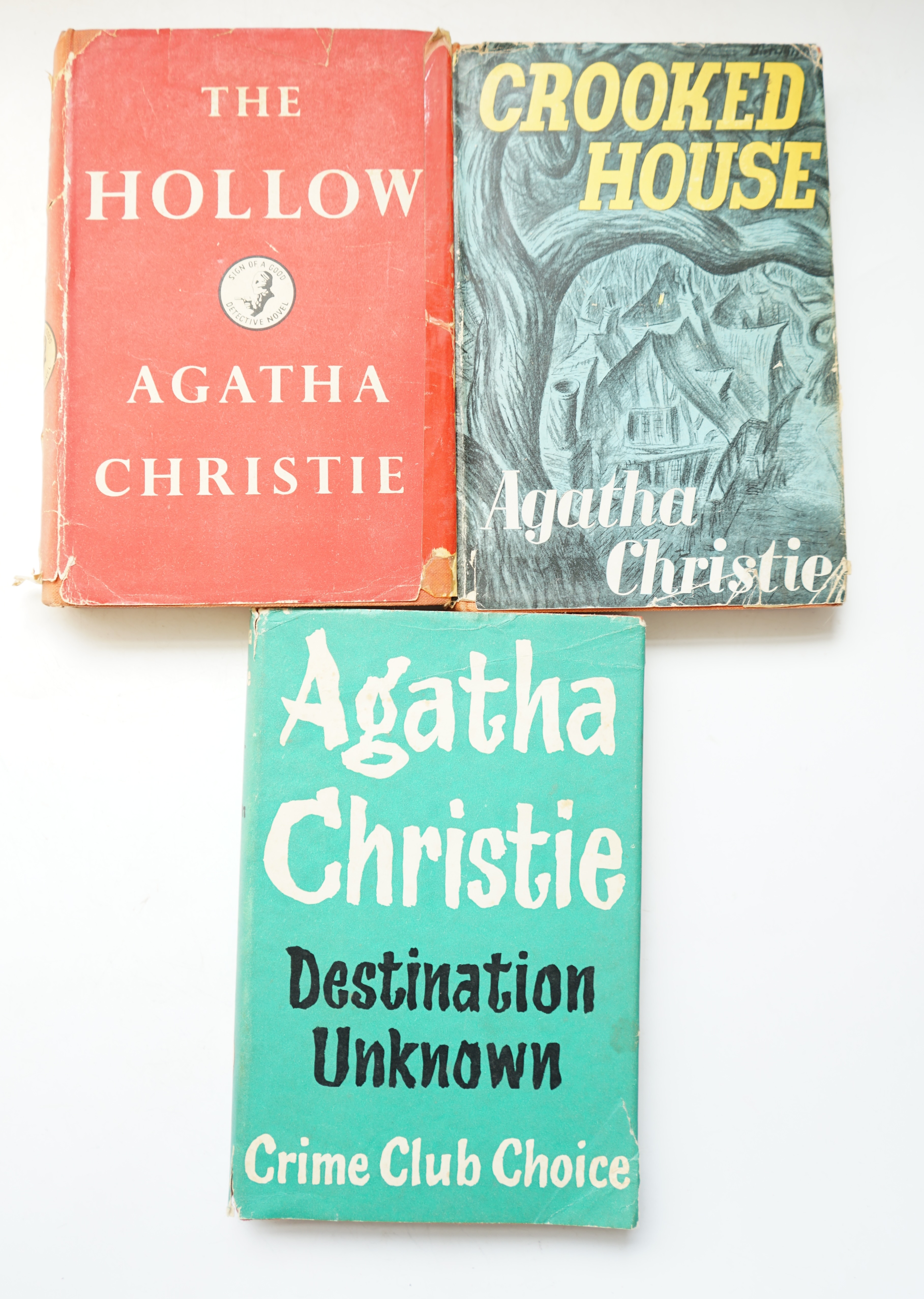 Christie, Agatha - 3 works - The Hollow, 1st edition, in torn d/j, 1946; Crooked House, 1st edition, in d/j, 1949 and Destination Unknown, 1st edition, with d/j, 1954, all published for The Crime Club, by Collins, St Jam